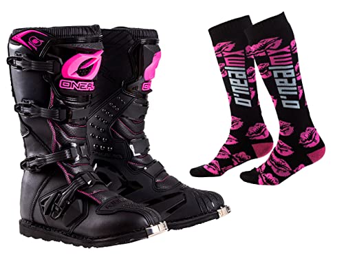 O'NEAL Womens Rider Boots with Pro MX Socks Combo (Black/Pink, 7)