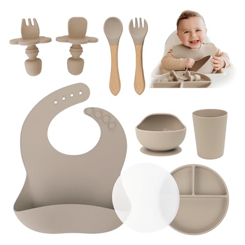 Image of Yunioo Extra Heavy Silicone Baby Feeding Set Essentials, Premium 9-Piece Set of Baby Led Weaning Supplies with Silicone Baby Plate with Lid, Superior Suction Bowl and Baby Utensils - Beige