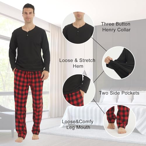 Mens Pyjamas Sets Fleece Long Sleeve Top & Plaid Pyjamas Bottoms Soft Nightwear Loungewear Warm Pjs Sets4