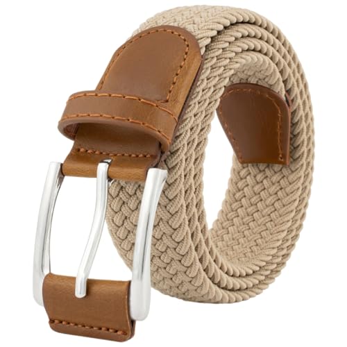 BOZEVON Ceinture Tressée Élastique Unisexe - Vintage Tissu Extensible Ajustable pour Golf - Homme et Femme - Beige