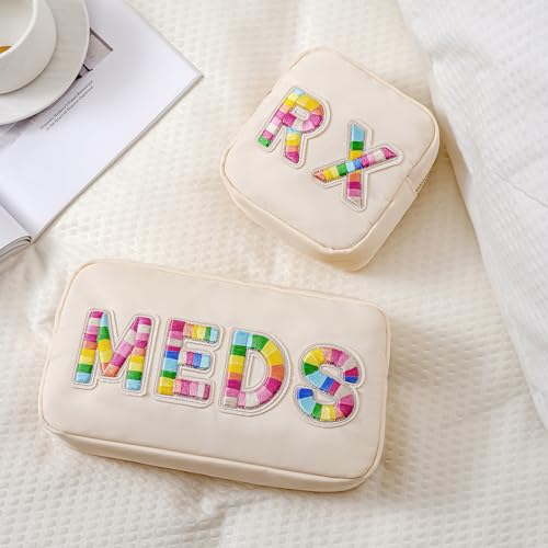 uekeboag Personalized Small Canvas Medicine Cosmetic Bag, Cute Plaid Pattern Chenille Letter Patch RX Drug Pouch with Zipper, Makeup Travel Gift Bag for Women and Girls (11Beige Canvas)