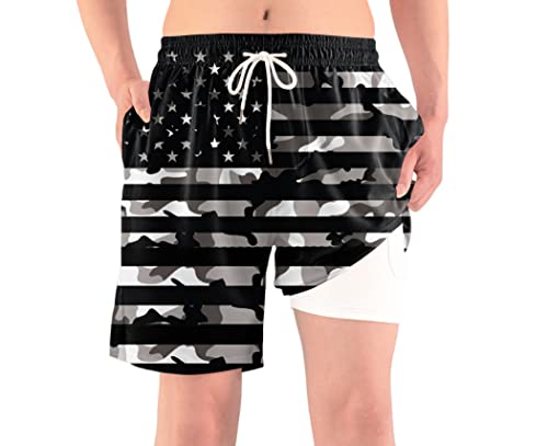Camouflage Men's Swim Trunks with Compression Liner American Flag Bathing Suits Board Shorts with Boxer Brief Liner 7 Inch