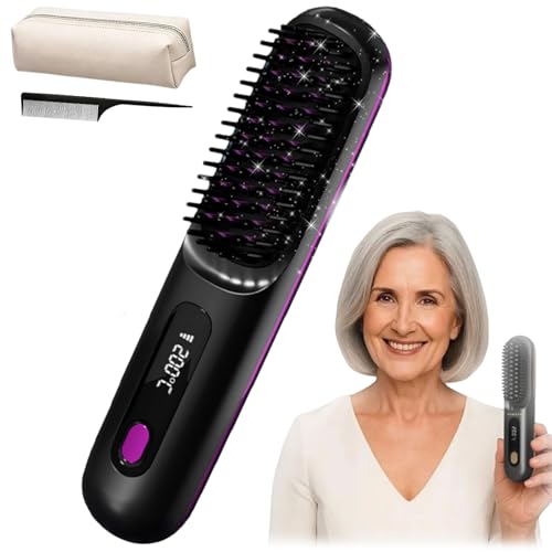 Clinora Styling BüRste FüR Kurzes Haar,WarmluftbüRste FüR Kurze Haare,Kabellose GläTtbüRste Mit Led-Anzeige,3 Temperaturstufen 160-200°C, Wiederaufladbare BüRste FüR GläTten Und Locken (Schwarz)