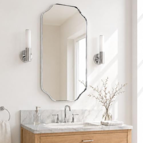 Image of TEHOME Polished Nickel Scalloped Bathroom Mirror, 24x36'' Polished Nickel Asymmetrical Bathroom Vanity Mirror for Wall