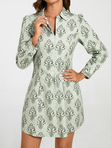 Image of EZAPINE Women Spring Dress 2026 Womens Summer Mini Dresses Floral Puff Sleeve Zipper A line Dress for Women with Pockets