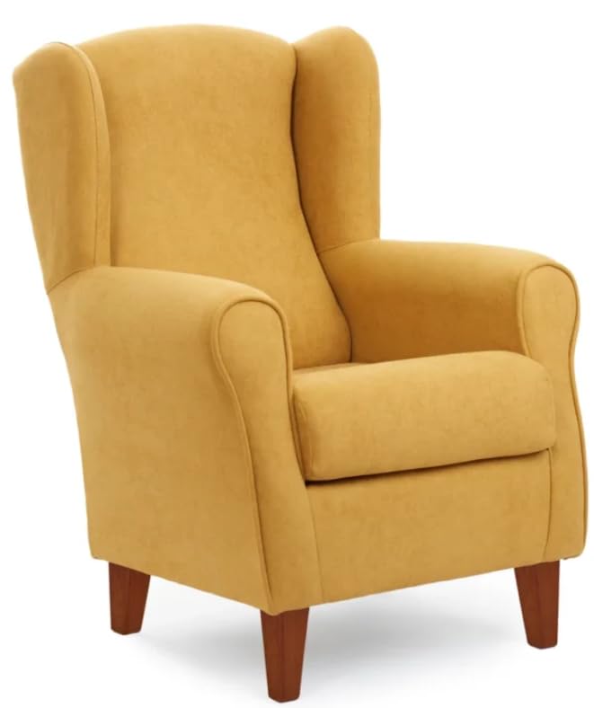 Genérico Butaca sillón orejero tapizado Tela Antimanchas - Patas Madera Maciza Color Cerezo (Mostaza)