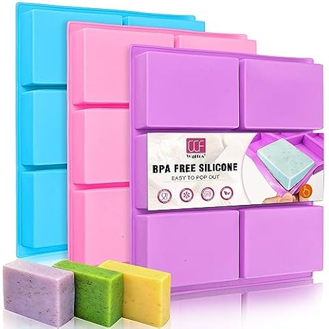 Walfos Silicone Soap Molds Set of 3, 6 Cavities Rectangle Silicone Soap Molds for Homemade Craft Soap Mold, Cake Mold, Chocolate Mold ＆ Ice Cube Tray（Blue & Purple ＆ Pink） Cover
