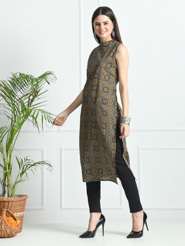 Image of feranoid Unique Printed Choker Neck Back Button Sleeveless Long Kurti