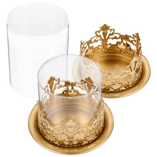 Cabilock 2pcs Pillar Candle Holders Hurricane Candle Holders Candlesticks Holder with Hurricane Lid Metal Candle Holder for Coffee Dining Table Wedding Christmas Home Golden