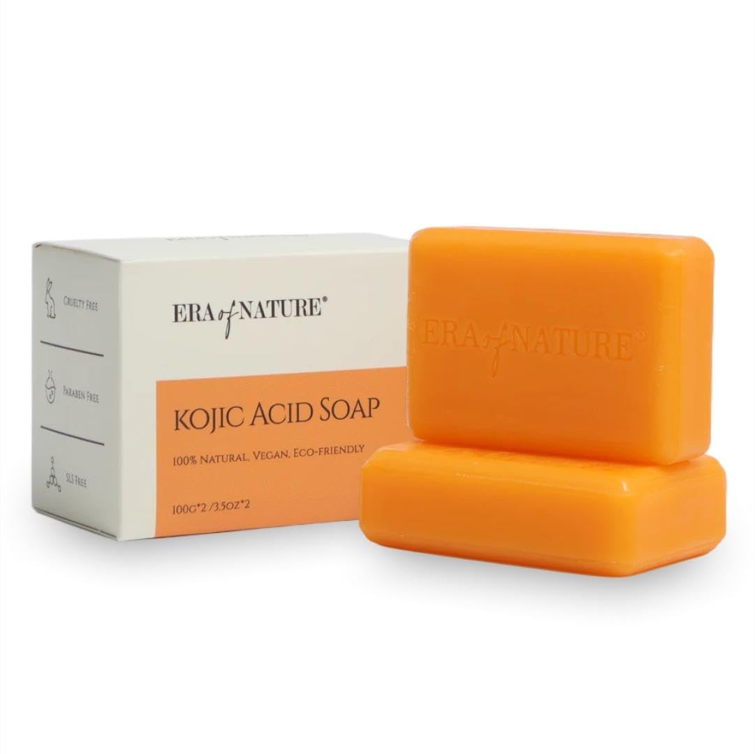 Era of Nature Turmeric Kojic Acid Soap with Vitamin C, Shea Butter & Essential Oils for Face and Body - 2 Pack - Helps Reduce the Look of Dark Spots  Inner Thighs, Armpits, Bikini Area, Knees  200g Kojic Soap