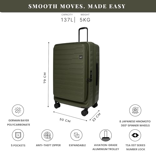 Image of F Gear Sedona Large 79cm German Polycarbonate Hard Luggage|Japanese Hinomoto Silent Wheels |Expandable Check-in Suitcase Travel | Wet Pocket, TSA Lock, Anti-Theft Zipper|Taupe (Army Green)