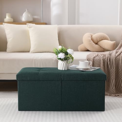 Image of Storage Ottoman Bench Foldable Footrest Foot Stool, 30 inch Fabric Green | Small Ottoman Foot Rest Seat Shoe Bench Flip-Top forliving Room End of Bed Bedroom Couch Dorm, 80L Folding Upholstered Chair