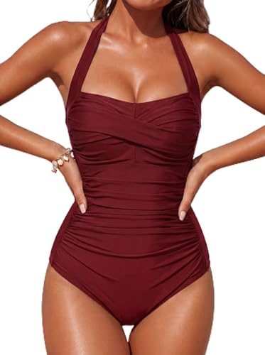 Image of Smismivo Tummy Control Swimwear Halter One Piece Slimming Vintage Retro Swimsuit Womens Ruched Push Up Bathing Suit