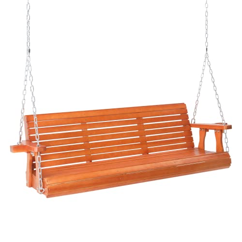 Image of VINGLI 5FT Patio Wooden Porch Swing for 3 Seats, Heavy Duty 800 LBS Front Hanging Bench Swing with Adjustable Safety Chain, Outdoor Bench Swing for Backyard, Garden, Lawn (Brown)
