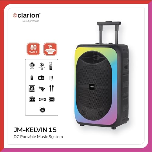 Image of Clarion JM-Kelvin 15 80 Watts RMS, Trolley Speaker with Bluetooth v5.0, LED Display & Wireless Mics, USB, mSD, AUX Input, Mic in, FM Radio and RGB Lighting Effects