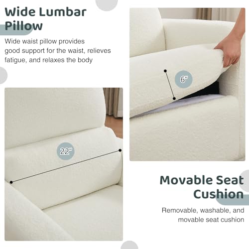 Image of Power Swivel Rocker Recliner, Oversized Boucle Nursery Glider Recliner, Teddy Swivel Rocking Reclining Chair with Removable Cushion and Lumbar Support for Nursery Living Room Bedroom, White
