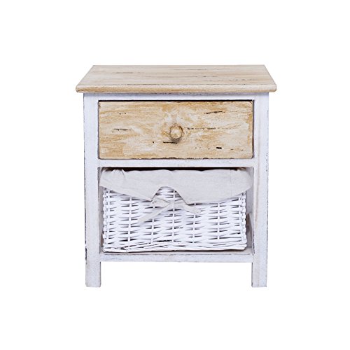 Rebecca Mobili Mesita de Noche pequeña, cómoda con 2 cajones de Mimbre, Madera, Blanco, Shabby Chic, Dormitorio baño - Medidas: 42 x 40 x29 cm (AxANxF) - Art. RE4196