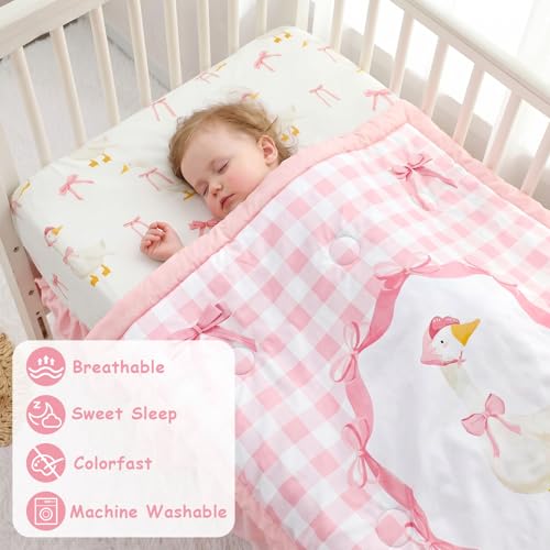 Image of Baby Crib Bedding Set for Girls, 4 Pcs Pink Gingham Baby Gril Crib Comforter Sets Include Crib Skirt, Comforter, Fitted Sheet, Diaper Stacker, (Cute Duck & Bow)