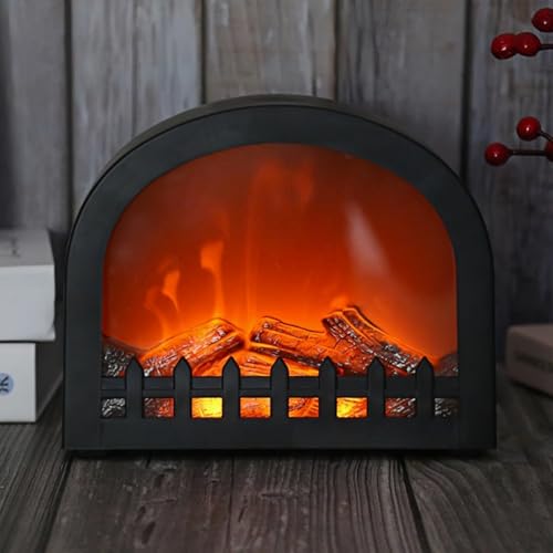 Image of Small Cozy Fireplace Lantern Traditional Realistic Log Wood Burning Flame Effect Ligh LED Charcoal Style Table LampFor Indoor & Outdoor Use(4.8''X4.8''X4.9'')