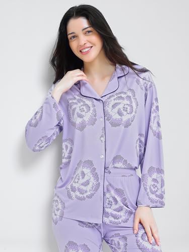 Image of Night Suit for Womens Floral Printed Modal Night Dress of Shirt and Pajama Set 9365