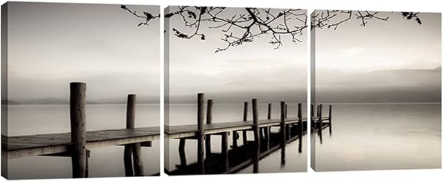 Wieco Art - Peace 3 Piece Modern Stretched and Framed Black and White Landscape Artwork Giclee Canvas Prints Landscape Pictures Paintings on Canvas Wall Art Artwork for Living Room Bedroom Home Decorations