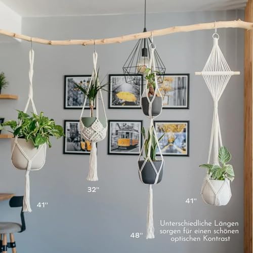 Makramee Blumenampel Hängend Innen, 4er Set Boho Deko Makramee Hängeampel mit Haken, Baumwollseil Blumentopf Hängend, Boho Zimmer Deko Aesthetic, Hängepflanzen Topf für Balkon Fenster Deko (Creme)