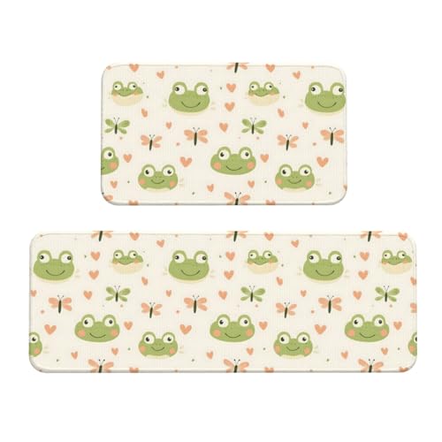 GVYGVY Antifatigue Kitchen Mats for Floor 2 Piece - Cute Heart Frog Print Kitchen Rugs Washable, Non Slip Runner Rug Standing Mat for Office/Bathroom/Laundry/Home Decor and Accessories