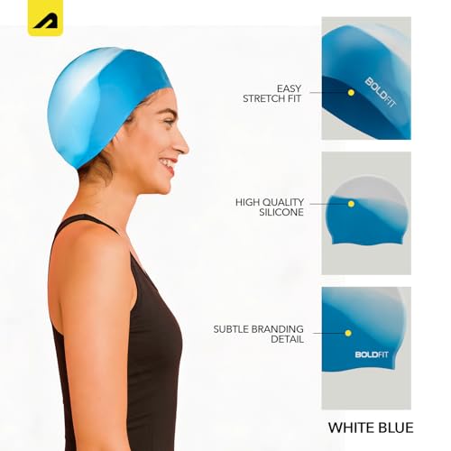 Image of Boldfit Swimming Cap for Men Silicone, for Women Unisex, for Kids Boys & Girls, for Women Long Hair Head Cap Men Silicone Fabric, Easy Fit - WhiteBlue