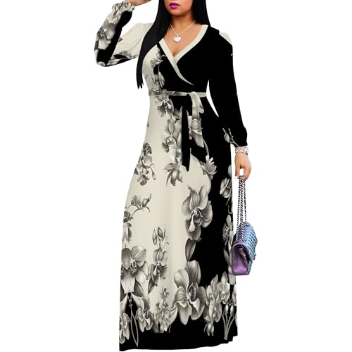 Image of PinkPatty Plus Size Dresses for Curvy Women V Neck Flowy Long Sleeves Wrap Maxi Dress Travel Vacation Outfits
