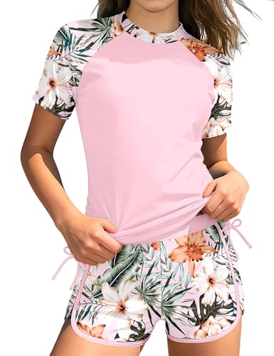 Image of AGAPENG Girls Swimsuit Two Piece Short Sleeve Rash Guard Floral Print Ruched Girls Bathing Suit UPF 50+ Swimwear for 9-16Y