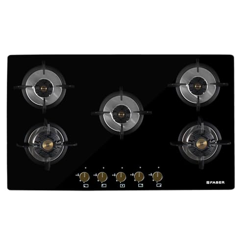 Faber Hob/Hobtop 5 Brass Burner Auto Electric Ignition Glass Top (Maxus HT905 CRS BR CI AI) Black