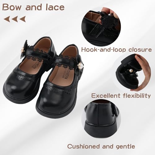 SEAUR Girls Lace Bow Flats Solid Pearl PU Leather British Style Flats Princess Casual Performance Shoes 6-104