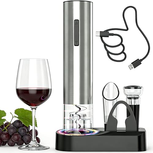 Masroo Electric Wine Opener Rechargeable Wine Bottle Opener Automatic Corkscrew with Vacuum Stopper Aerator Pourer Foil Cutter Display Base Gifts for Valentines Day New Home Wedding Birthday
