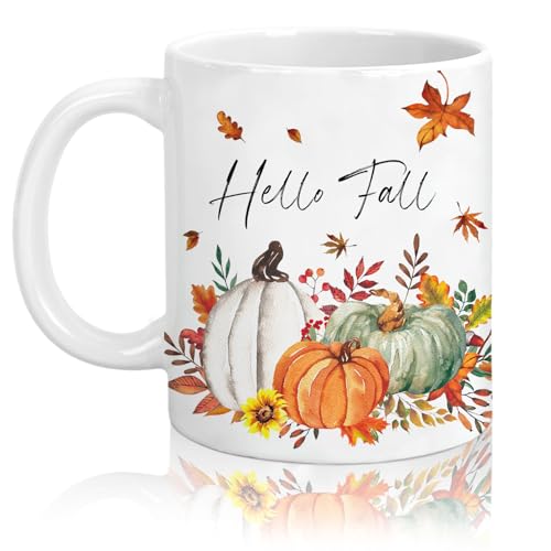 Whaline Fall Mug Green Orange White Pumpkin Leaves Coffee Mug