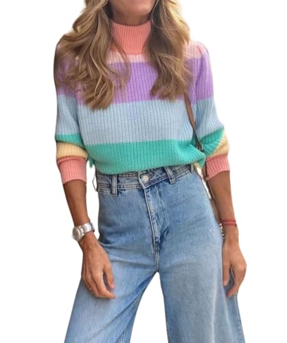 LOAIHA Striped Sweater for Women Turtleneck Sweater Striped Patchwork Casual Knitted Long Sleeve Color Block Fall Pullover