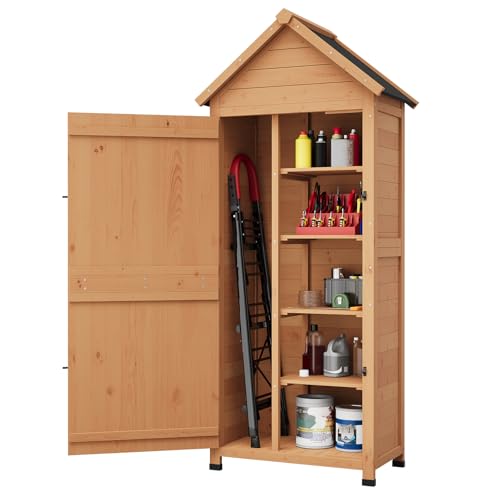 GarveeLife Outdoor Wooden Storage Shed Waterproof, 63 in Vertical Outdoor Storage Cabinet with 4 Shelves & Lockable Door, Space-Saving Garden Tool She