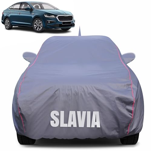 Image of 100% Waterproof Car Body Cover for Skoda Slavia with Mirror Pocket (Heat & UV Resistant, Triple Stitched, Soft Lining, Bottom Elastic & Piping) Grey