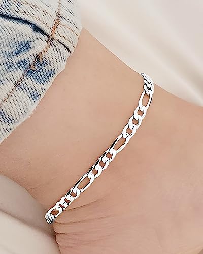 Sterling Silver Ankle Bracelets for Women Strong Lobster Clasp - Cuban Link, Figaro, Rope, Flat Mariner, Snake Herringbone, Satellite, Paperclip - Summer Beach Waterproof Silver Anklet4