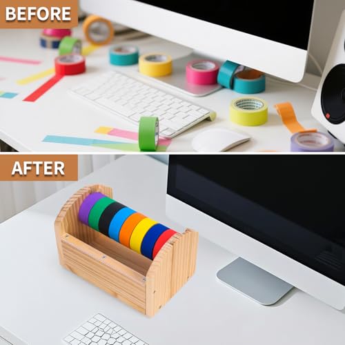 Kids Masking Tape Dispenser, Wooden Multi Roll Craft Tape Dispenser, Washi Tape Holder Organizer, Cutter for Gift Wrapping, Gift for Children Office Home School, Acrylic Serrated Cutter - Thumbnail 7