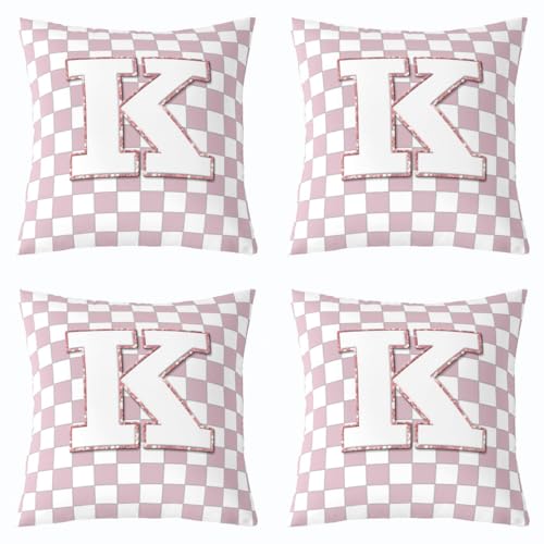 Image of Erosebridal Pink Initial K Throw Pillow Covers 22x22 Set of 2 Kawaii Plaid Checkered Pillow Covers Cute Personalized Monogram Cushion Cover Fashion Grids Gingham Pillow Cases for Couch Sofa
