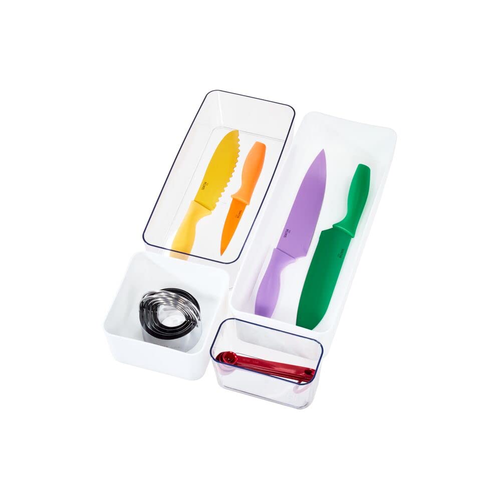 iDesign Organizer cassetti, Pratico organizer scrivania dalla serie di Rosanna Pansino, Organizer cucina in plastica riciclata in set da 4, bianco e trasparente