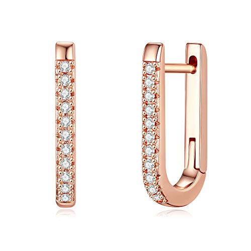 Huggie Creolen Damen Ohrringe für Mädchen, 925 Sterling Silber Post 14 Karat Roségold Vergoldet Hypoallergen Creolen für Frauen Zierliche U Förmige Zirkonia CZ Huggie Ohrringe für Frauen und Mädchen Cover