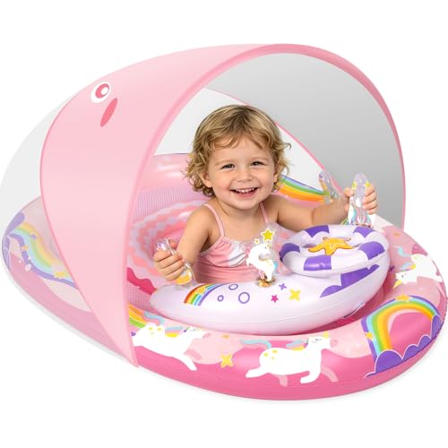 ACELIFE Baby Pool Float with Canopy UPF50+ Inflatable Baby Swimming Floats with Unicorn Toys Infant Unicorn Swimming Ring with Adjustable Safety Seat for Baby Toddler 6-36 Months