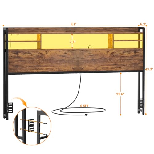 Image of Aheaplus Headboard for Queen Size Bedwith Storage and Outlets, Rustic Brown | Headboards with LED Light, Power Outlets, USB Ports Queen Size Head Board, Wood headboard Only Sturdy and Stable Headboards