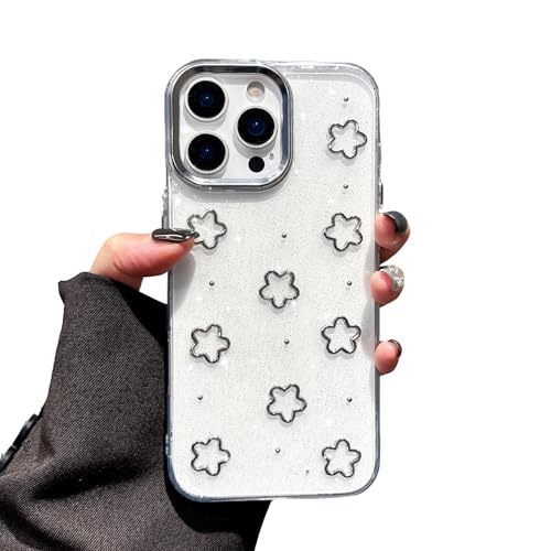 Coque iPhone 15 Pro Max transparente anti-choc et housse motif fleur argentée 3D