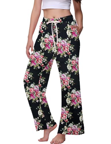 Image of Veseacky Women's Wide Leg Lounge Pants Yoga Pajamas Comfy Stretch Drawstring Pajamas Puls Size Dance Bottoms S-4XL