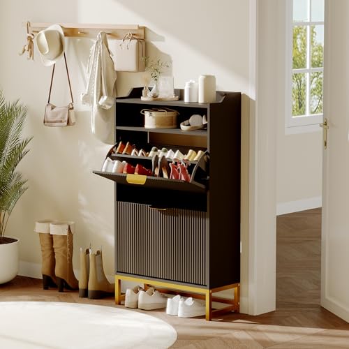 GarveeHome Fluted Shoe Cabinet Storage for Entryway, Wood Shoe Rack with 2 Flip Drawers and Open Shelf, Modern Entryway Organizer for Foyer, Hallway, Entrance, Black