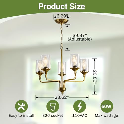 Image of Gold 5-Lights Glass Chandelier Rustic Metal Pendant Lighting Ceiling Light Fixtures Hanging for Farmhouse Kitchen Living Room Foyer Dining Room.