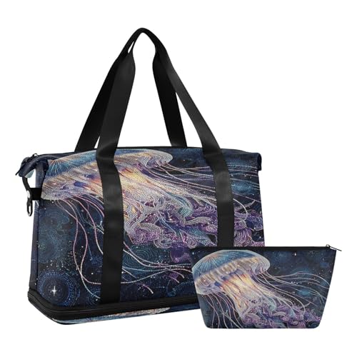 Jellyfish Black Duffel Bag for Women Men Gym Bag with Shoe Compartment Wet Pocket Carry On Weekender Overnight Bags for Airline Travel Under Seat2
