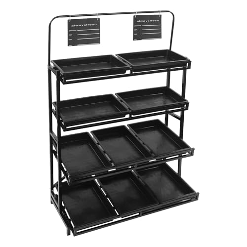 SanBouSi Estantería de 4 pisos para aperitivos para frutas y verduras en el supermercado, estantes de metal negro con 10 bandejas desmontables, para tiendas, supermercados, cocinas